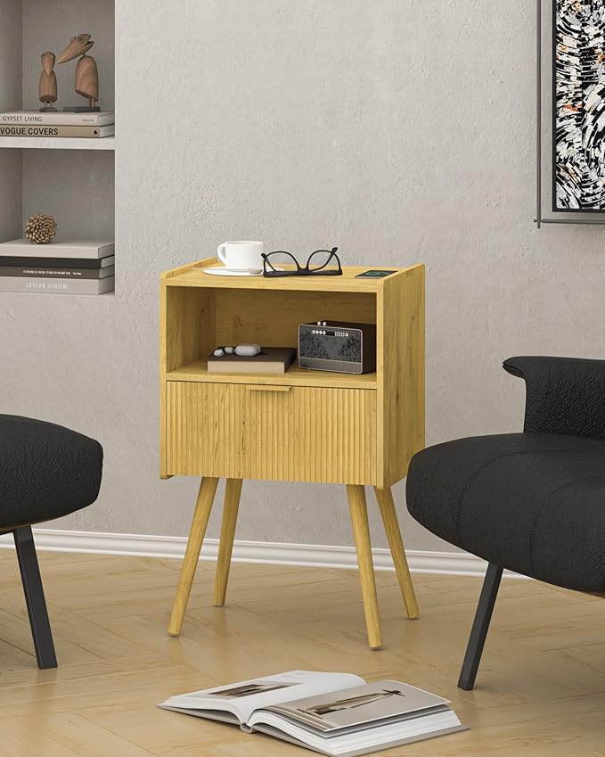 Nightstand,Modern Bedside Table with Storage Drawer and Open Wood Shelf, for Living Room, Bedroom and Small Spaces, Accent Night Stand with Solid Wood Legs, Easy Assembly,Vintage Yellow Oak