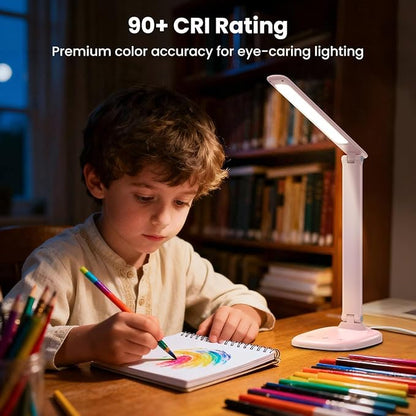Desk Lamp with Charger, 10%-100% Stepless Dimmable & 5 Color Modes Study Lamp, Touch Control, 30-/60-minute Timer, USB Charging Output Port, CRI≥90, Eye-Caring Foldable LED Desk Lamps for Home Office