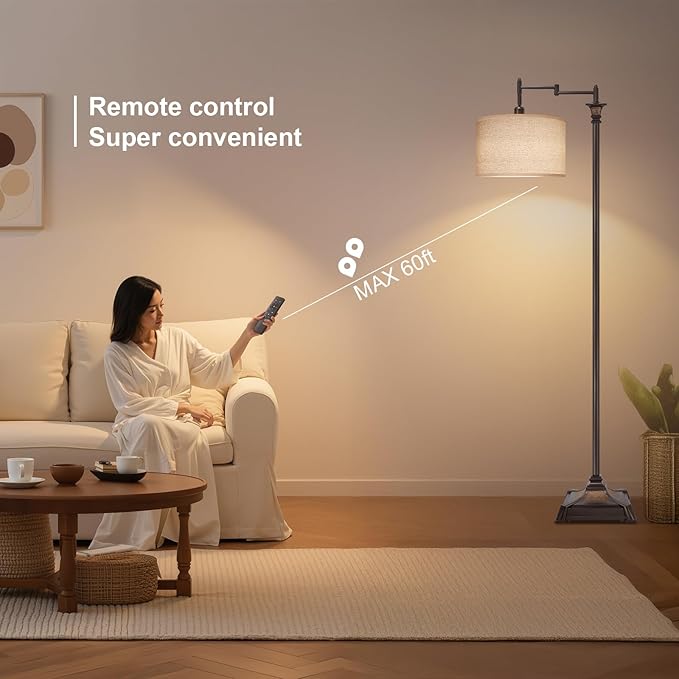 Scenekoy Vintage 68″ Tall Smart LED Floor Lamp for Living Room Bedroom, Remote Control Traditional 350º Adjustable Swing Arm Standing Lamp with Linen Shade, Decor for Reading House Home Office