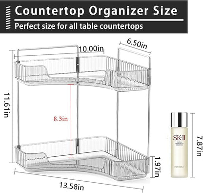 shuang qing 2-Tier Corner Bathroom Counter Organizer – Classic Storage Shelf for Makeup, Perfume & Toiletries, Space-Saving Countertop Tray Fits Bathroom, Dresser, Kitchen (Slate Gray)