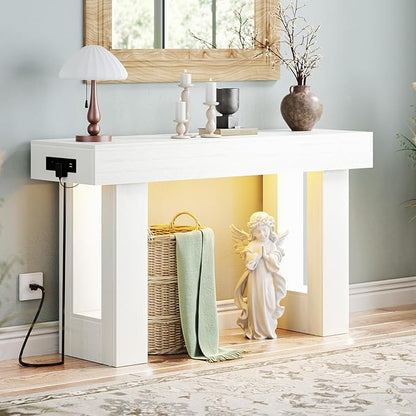 Unikito 47" Entryway Table with Socket and Sensor Light, Narrow Console Table with Storage Behind Couch, Farmhouse Entry Way Tables with Open Storage for Entrance/Hallway/Living Room, Antique White