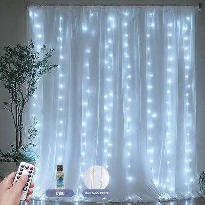 Fairy Curtain Lights Upgraded Tangle-Free Cool White USB Plug in 8 Modes String Hanging Lights with Remote for Christmas, Bedroom, Indoor, Outdoor, Weddings, Party (6.6FTx6.6FT)