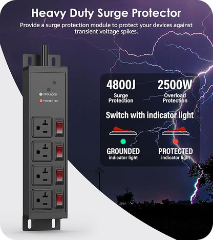 CCCEI Heavy Duty Surge Protector Power Strip 20 Amp Individual Switches. 10FT 12 Gauge Extension Cord with Multiple Outlets. Kitchen, Garage, Shop, Industrial Wall Mount Electric Extender, Black.