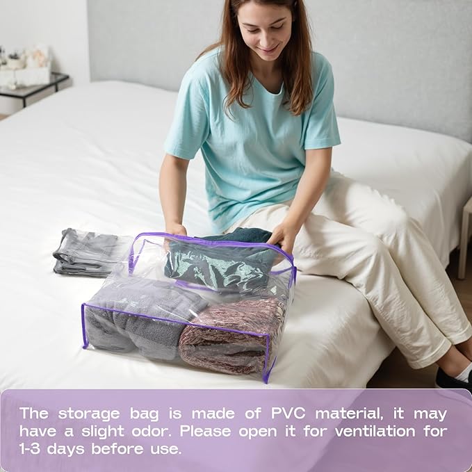 5PACK Clear Zippered Storage Bags for Clothes, 22L Closet Organizers Bag, and Blanket Storage Bags for Bedding, Linen, Blankets, Comforters, Clothing & Toys (Purple)