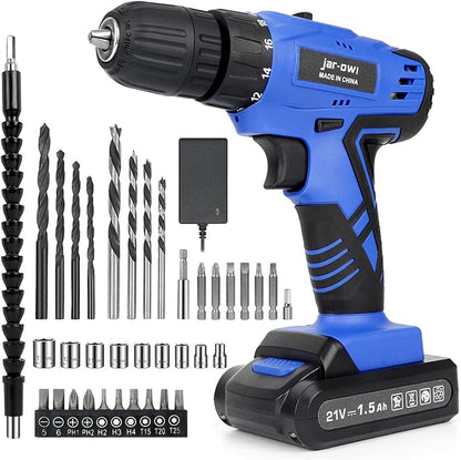 Portable Power Drill Set with 37PCS Drill Bit,21V Cordless Drill Driver Kit with Battery and Charger,Jar-owl Home Tool Kit with Electric Drill for Men Women Garden Office Repair Maintain-Blue