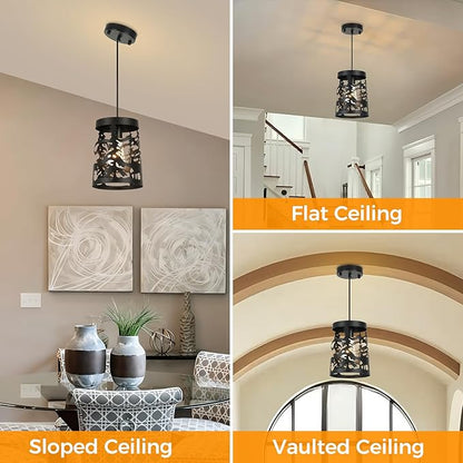 2 Pack Rustic Pendant Lights with Bear and Deer Design, 1-Light Black Round E26 Base Cage Metal Fixture Adjustable Hanging Height for Kitchen Island, Hallway, Dining Room, Foyer, Bedroom