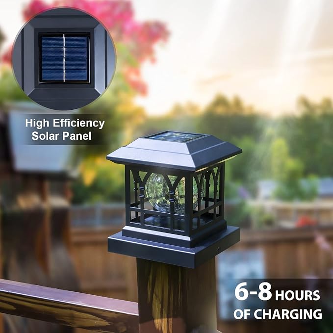 Solar Post Cap Lights, Warm White & RGB Automatic Cycling, Cracked Glass Bulb, 20 Lumens lP65 Waterproof Fit 3.6x3.6 4x4 4.5x4.5 5x5 Wood Fence Post Solar Powered Lights Black (1 Pack)