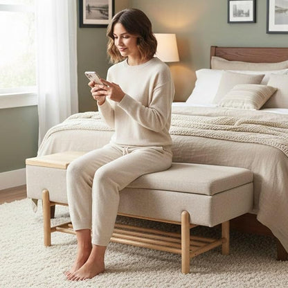 Modern Entryway Storage Bench, Upholstered Shoe Ottoman Bench, Flip-Top End of Bed Bench with Wood Shelf/Coffee Table for Living Room/Bedroom/Hallway/Under Window,46.5 Inches,Beige Linen