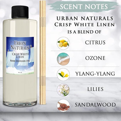 Urban Naturals Reed Diffuser Oil Refill Crisp White Linen with Fresh Linen, Clean Breeze, Soft Cotton 8 oz + Free Reed Sticks, Made in the USA