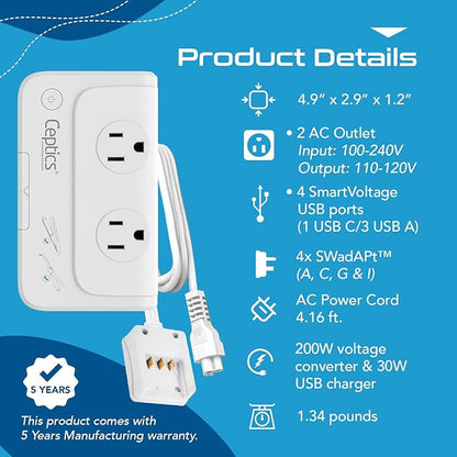 Ceptics 200 W Voltage Converter, Convert 220 V to 110V for Devices Like Curling Iron, Straightener, Chargers, Step Down World Power Plug - 4 USB PD 18W Fast Charging - EU/AU/UK/US Included