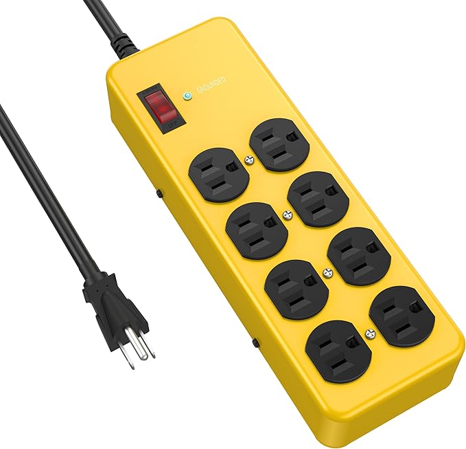 Heavy Duty Power Strip,Industrial Heavy Metal Case Surge Protector,8 AC Outlets,15Amp,2700 Joules,Protected' Indicator,14 Gauge Cord (Yellow, 10FT Length)