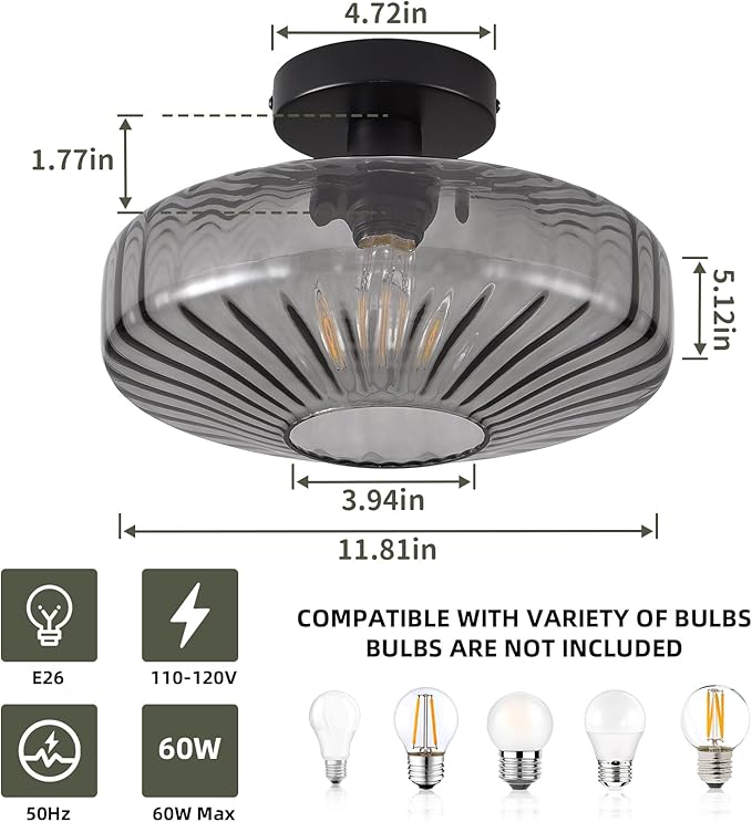 Semi Flush Mount Ceiling Light, 11.8 Inch Smoke Grey Glass Ceiling Light Fixture, Farmhouse Hallway Lighting Fixtures for Kitchen, Foyer, Bedroom, Bathroom, Dining room, E26 Base (Bulb Not Included)