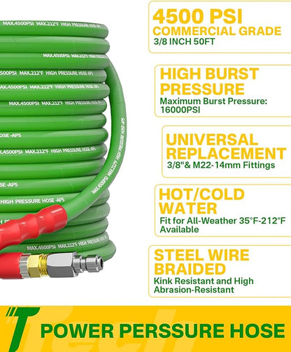 Pressure Washer Hose 50FT 3/8" for Cold and Hot Water 212°F, with Swivel Quick Connect, 4500PSI Kink Resistant Grade Steel Wire Braided, Power Washer Hose With 2pcs M22-14mm Adapter