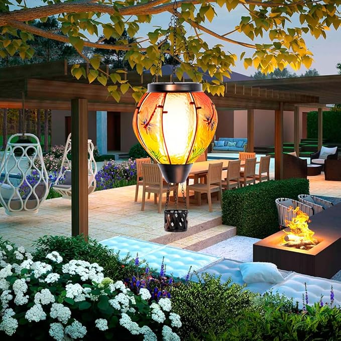 Starsoul Dragonfly Hot Air Balloon Solar Lantern Outdoor Glass Hanging Hot Air Balloon Lantern with Flame Light Waterproof for Patio Pathway Yard Porch Backyard Decor