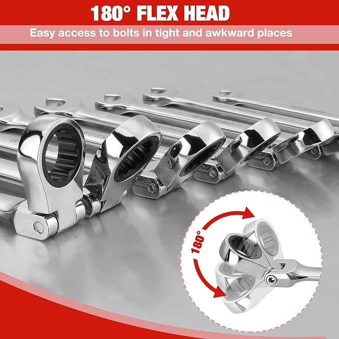 WORKPRO 8-piece Flex-Head Ratcheting Combination Wrench Set, SAE 5/16-3/4 in, 72-Teeth, Cr-V Constructed, Mirror Polished Chrome Plated with Roll Up Pouch