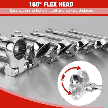WORKPRO 8-piece Flex-Head Ratcheting Combination Wrench Set, SAE 5/16-3/4 in, 72-Teeth, Cr-V Constructed, Mirror Polished Chrome Plated with Roll Up Pouch