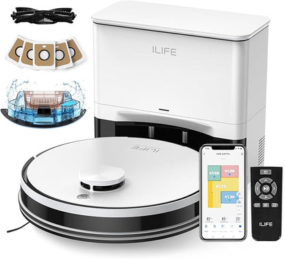 ILIFE A30 Pro Robot Vacuum and Mop, Self Emptying Station for 60 Days, 5000Pa Suction, LiDAR Navigation, No-Go Zones, 2.4G WiFi/App/Alexa/Remote Control, Clean Hard Floors to Medium-Pile Carpet, 110V