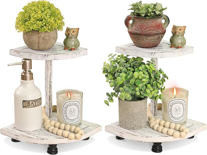 Tikea Decorative Wood Risers for Display, 2-Pack Farmhouse Corner Shelf for Kitchen Bathroom Counter Decor, Farmhouse Risers for Soap Dispenser, Decorations and Plant (White)