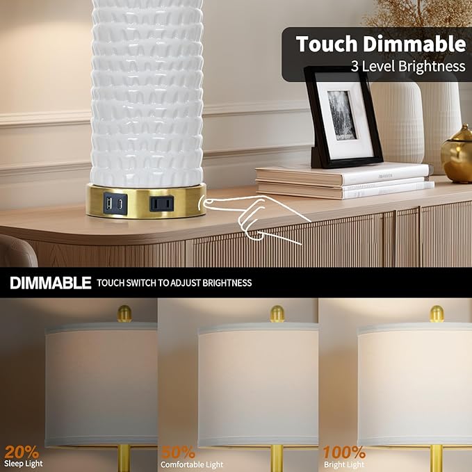 26" White Table Lamps for Living Room Set of 2, Ceramic Bedroom Lamps for Nightstands, Modern Bedside Lamps for Bedroom Living Room, Nightstand Lamps for End Table, Hallway, Gold and White