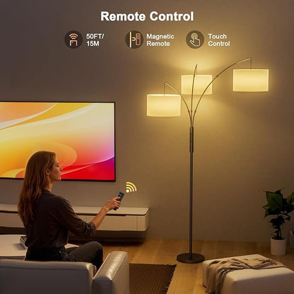 36W RGB Arc Floor Lamp with 3 White Fabric Shades, 3000LM Super Bright Standing Lamp with Remote Control & Touch, Stepless Dimming, Individual Light Control for Living Room, Bedroom