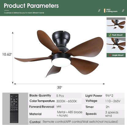 Ceiling Fans with Lights and Remote/APP Control, 30 inch Low Profile Ceiling Fans with 5 Reversible Blades 3 Colors Dimmable 6 Speeds Ceiling Fan for Bedroom Dining Room, Wood Color