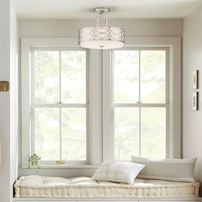 Kira Home Sienna 15" 3Modern Lattice Drum Semi-Flush Mount, 3-Light Silver Ceiling Light with White Linen Shade & Glass Diffuser, Brushed Nickel Finish