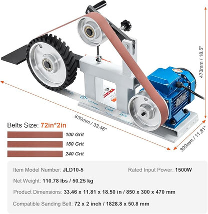 VEVOR Belt Grinder Sander, 72 x 2-Inch Variable Speed Belt Polisher with VFD, 1500W 2HP Polishing Grinding Machine with 3 Grinding Moulds & 3PCS Sanding Belts for Metalworking, Knife Making