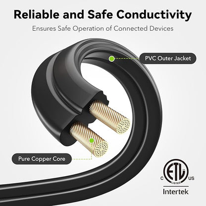 BN-LINK 6ft Indoor Extension Cord, 2 Pack, 3-Outlet Polarized Flat Cable, Household Power Cord for Home, Office, and Holiday Decorations, Black
