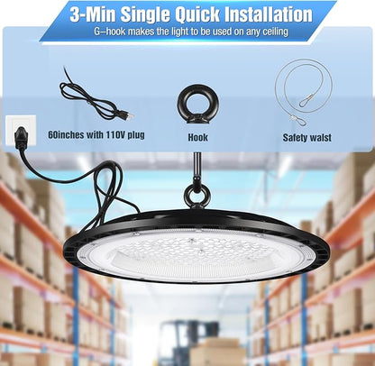 6 Pack 300W UFO Led High Bay Light Fixture,120VAC,5000K Daylight Commercial Shop Bay Lighting,45000LM,[1300W MH/HPS Equiv.] US Plug Area Lighting for Warehouse/Barn/Gym/Factory/Workshop