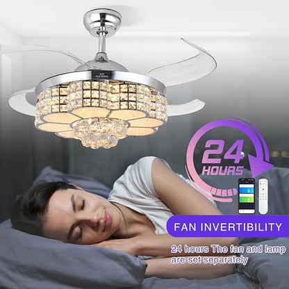 BAYSQUIRREL 42-inch Retractable Ceiling Fan with Light and Remote/APP Control, Bluetooth Ceiling Fans with Speaker, RGB-LED Light 6 Speeds Reversible Blades,Flush Mount Chandelier Crystal Ceiling Fan