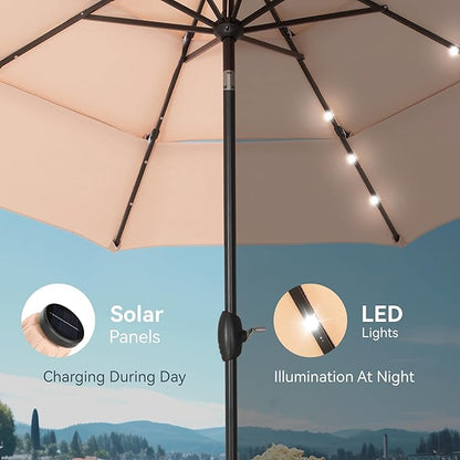 PHI VILLA 10ft Patio Umbrella with Solar Lights, Outdoor 3 Tier Vented Large Market Table Umbrella with 8 Sturdy Ribs and 1.5" Umbrellla Pole for Lawn Poolside Garden Terrace, Beige