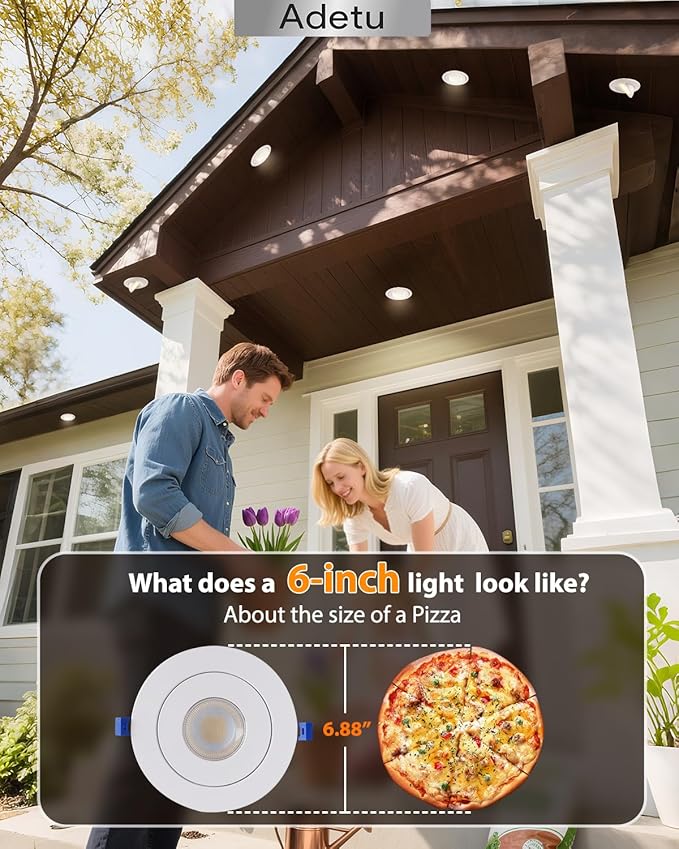 Adetu Led Recessed Lighting 6 inch, 360°+90° Adjustable Directional Gimbal 6 inch Led Recessed Light, 2700K-5000K 5CCT Dimmable Retrofit Eyeball Can Recessed Lights with Jbox, ET (White,1 Pack)