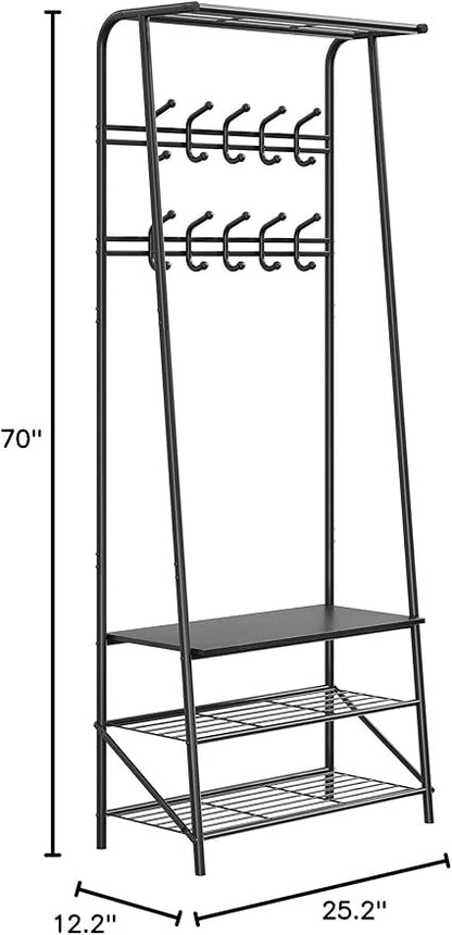 Entryway Hall Tree Coat Rack with Shoe Storage Bench, 10 Hooks & Clothes Rail – Wood Look, Metal Frame – Multifunctional Organizer for Hallway, Black – Double Row Hook, 60cm Wide, Black