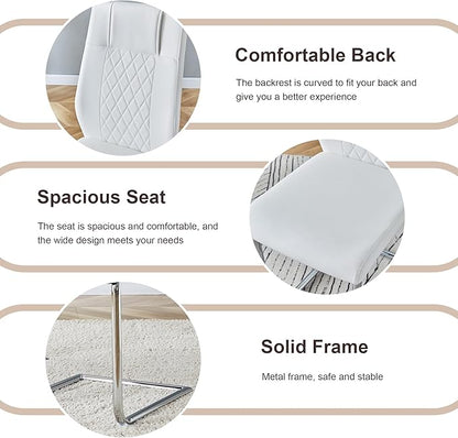 AZmac 63" Modern Dining Table Set for 6, White Dining Room Set for 6, Tempered Glass Kitchen Table and PU Leather Chairs, Marble Pattern Top with Sturdy Silver Chrome Base
