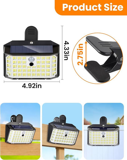 Clip on Solar Lights Outdoor, 176 LEDs 600 LM Solar Motion Sensor Lights Outdoor, IP65 Waterproof 3-Mode Clamp Light for Fence Patio Backyard Deck Garden (2 Pack)