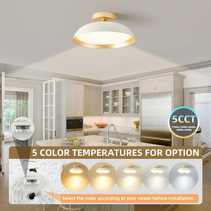 OKELI LED Flush Mount Ceiling Light Fixture, 24W Dimmable 5CCT Modern White Gold Ceiling Light, 11.8 Inch Close to Ceiling Lighting for Bedroom Kitchen Living Room Hallway