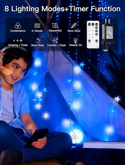 Star String Lights Plug in,39ft 100LED Fairy Lights with Remote, Hanging Star Decorations Lights Waterproof for Indoor Outdoor Bedroom Classroom Dorm Kids Tent Party Decor,Blue White