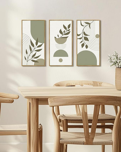 KUVIOKE Boho Light Green Wall Art Framed Botanical Leaf Artwork Minimalist Line Decor for Bathroom Living Room 8x16in3pcs Natural Framed