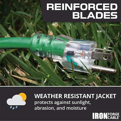 Iron Forge Cable Weatherproof 25 Ft Outdoor Extension Cord Green - 14/3 SJTW 15 Amp Heavy Duty Green Extension Cord Outdoor 3 Prong - Lighted End