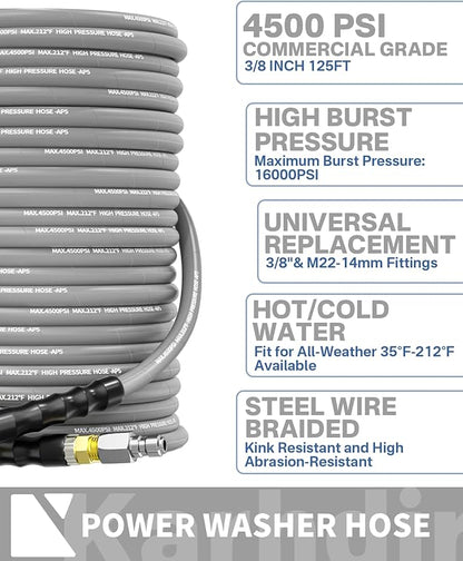 Pressure Washer Hose 125FT 3/8" for Cold and Hot Water 212°F, with Swivel Quick Connect, 4500PSI Kink Resistant Grade Steel Wire Braided, Power Washer Hose With 2pcs M22-14mm Adapter