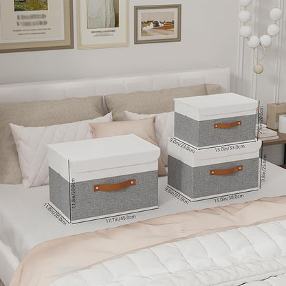 Yawinhe Storage Bins with Lids, Fabric Foldable Boxes, Washable and Leather Handle, Cube Organizer Basket for Home, Closet, White/Grey, 17.7''Lx11.8''Wx11.8''H, 3-Pack, USNK024WGX-3