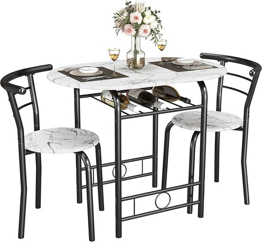 JUMMICO 3-Piece Wooden Round Table & Chair Set, Space Saving Kitchen Breakfast Nook Wood Grain Tabletop with Metal Frame and Built-in Wine Rack for Kitchen, Dining Room (White/Black)