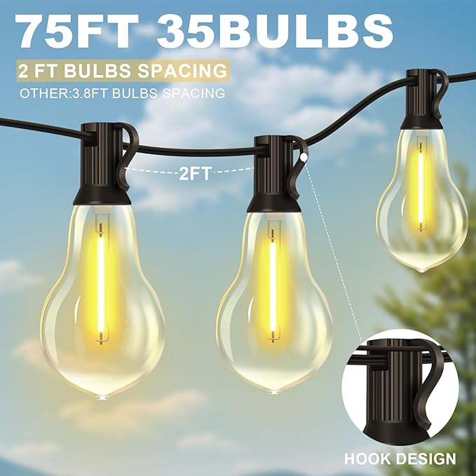 75FT Outdoor String Lights with 35+3 Waterproof Bulbs, 2FT Bulbs Apart, Dimmable & Connectbale, Commercial Grade Patio String Lights for Outside Porch Backyard Garden Deck Decor
