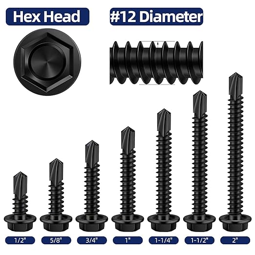MewuDecor #12 x 2 (5/8" to 3" Available) Hex Washer Head Self Drilling Sheet Metal Screws with Drill Point, Stainless Steel 410, Black Oxide, 50 PCS