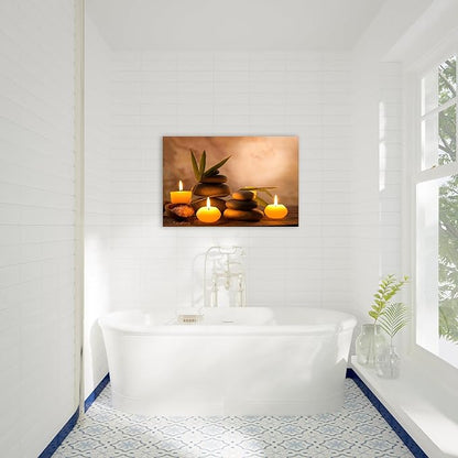 Zen Wall Art Decor, Modern Bathroom Zen Decor Wall Art, Zen Relaxing Canvas Wall Art for Spa Room Decor, Black Pebble and Lighted Candles Zen Art Prints for Office & Spa Wall Decor 12x18 Inches