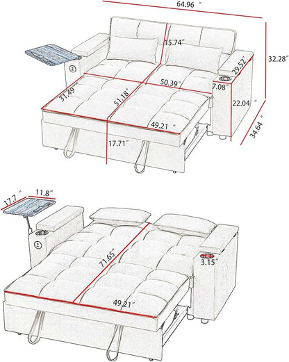 65'' Convertible Sleeper Sofa Bed with Adjustable Backrest, Chaise Lounge, Side Table & USB/Type-C Ports – Stylish & Functional Addition to Any Living Room (Black)