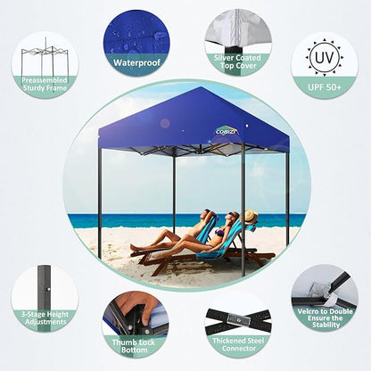 COBIZI 6.6x6.6ft Pop Up Canopy Tent, Heavy Duty Canopy Easy Set up All Weather Waterproof Outdoor Canopy Tent for Parties, Beach, Garden, Camping with 1 Handbag, UPF50+, Deep Blue