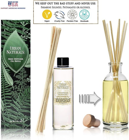 Urban Naturals Reed Diffuser Oil Refill Christmas Morning, Rosemary, Eucalyptus, Balsam Spruce, Orange, Essential Oils, 4 oz + Free Reed Sticks, Made in the USA