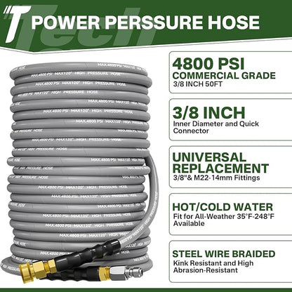 5000PSI Pressure Washer Gun and Hose Kit, 50FT Kink Resistant Steel Braided Power Washer Hose with 3/8" Swivel Quick Connector and M22 14mm Adapters Replacement/30 Extension Washer Wand
