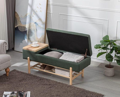 Modern Entryway Storage Bench, Upholstered Shoe Ottoman Bench, Flip-Top End of Bed Bench with Wood Shelf/Coffee Table for Living Room/Bedroom/Hallway/Under Window,46.5 Inches,Green Linen